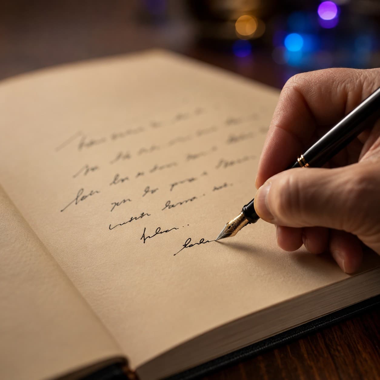 Gros plan d'une dédicace manuscrite écrite au stylo plume dans un livre