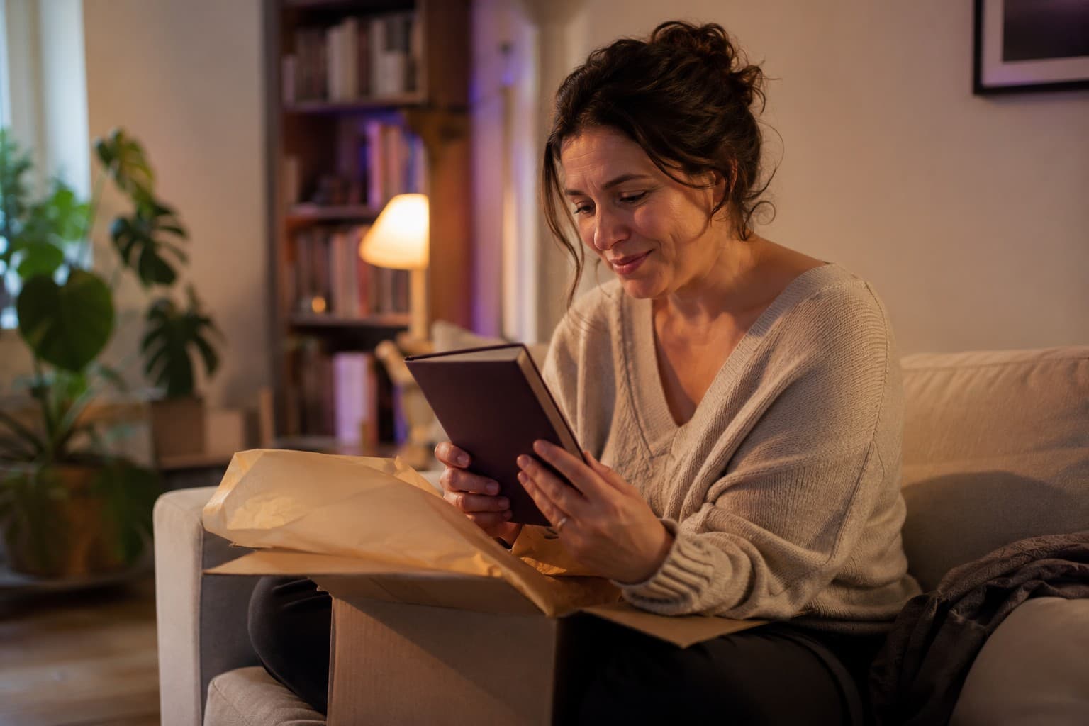 Une lectrice découvrant avec émotion un livre dédicacé