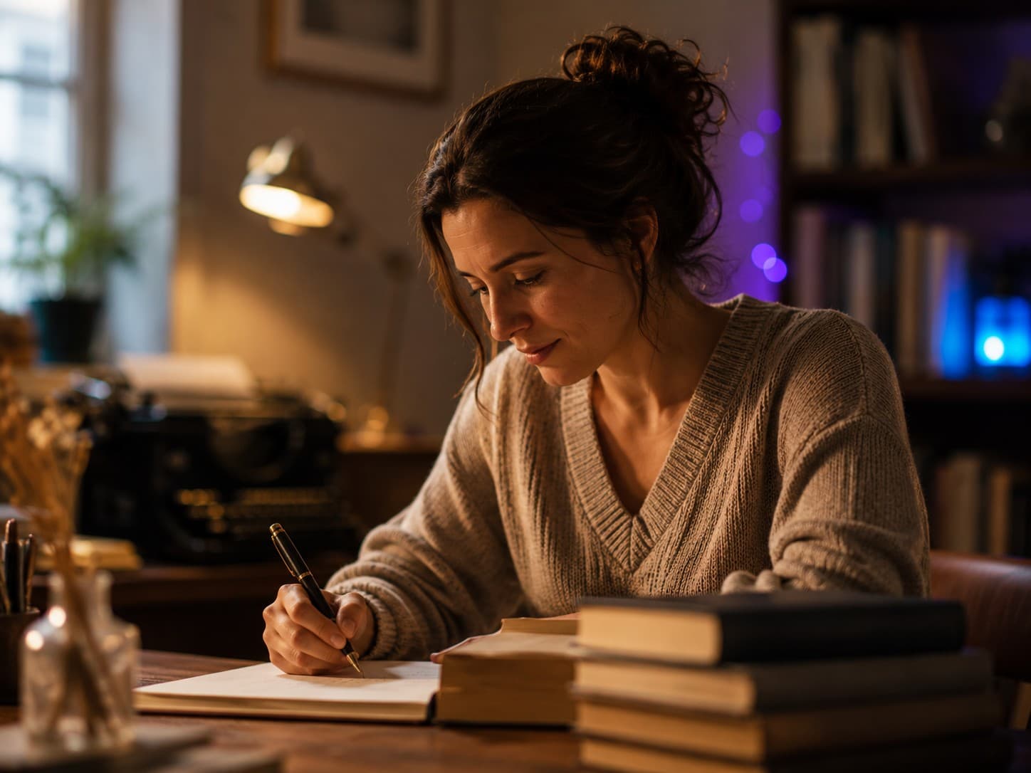 Une autrice signe une dédicace à son bureau