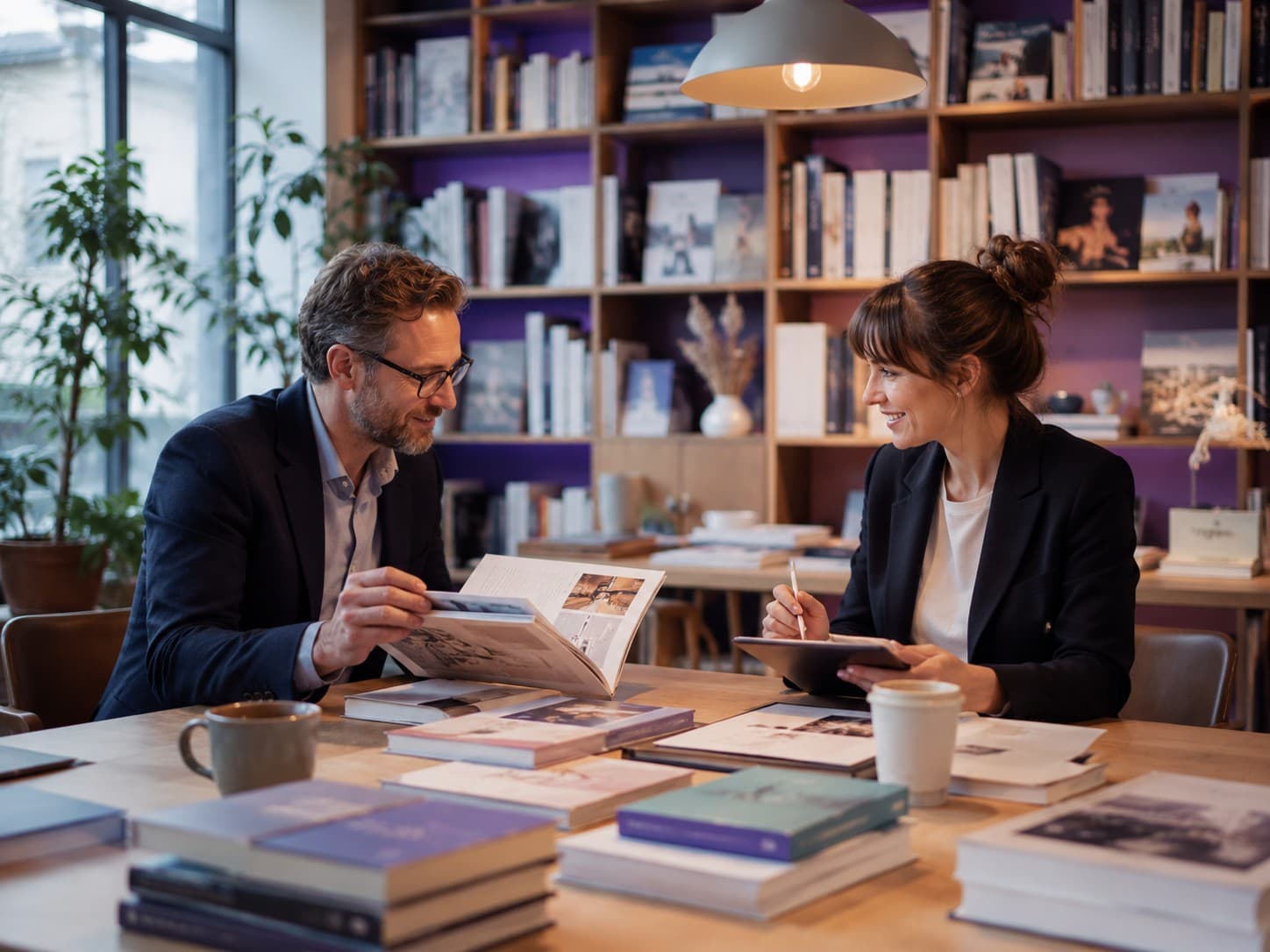 Deux professionnels de l'édition examinent un catalogue